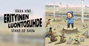 Piirretty kuvitus Iiikka Kivestä ja metsän eläimistä stand-up showssa