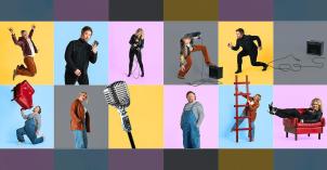 Eri värisiä neliöitä useita, joissa ihmisiä