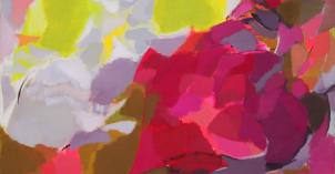 Aniliininpunainen oikea laita, keltaista, valkoista, harmaata ja violettia vasemmalla. Kaarevia kuvioita.