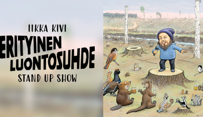 Piirretty kuvitus Iiikka Kivestä ja metsän eläimistä stand-up showssa