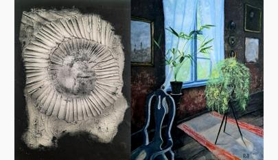 Mark Myhkyrä, Fossiili, 2022, sekatekniikka, Ralina Matikainen, Hortensia vanhan tuolin sylissä, 2022, akryyli