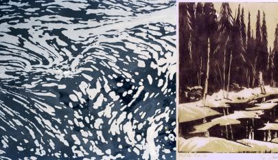 Päivi Eronen: Eksymäpuro, pigmenttivedos, (veden vaahtoa tummalla vedenpinnalla) 2018. Tauno Iso-Aho: Kevät tulee, puupiirros, 1961. (Keväinen, osin jo sula jokivarsimaisema vaalearunkoisine puineen) Kuvan taitto: Rauni Tanskanen.