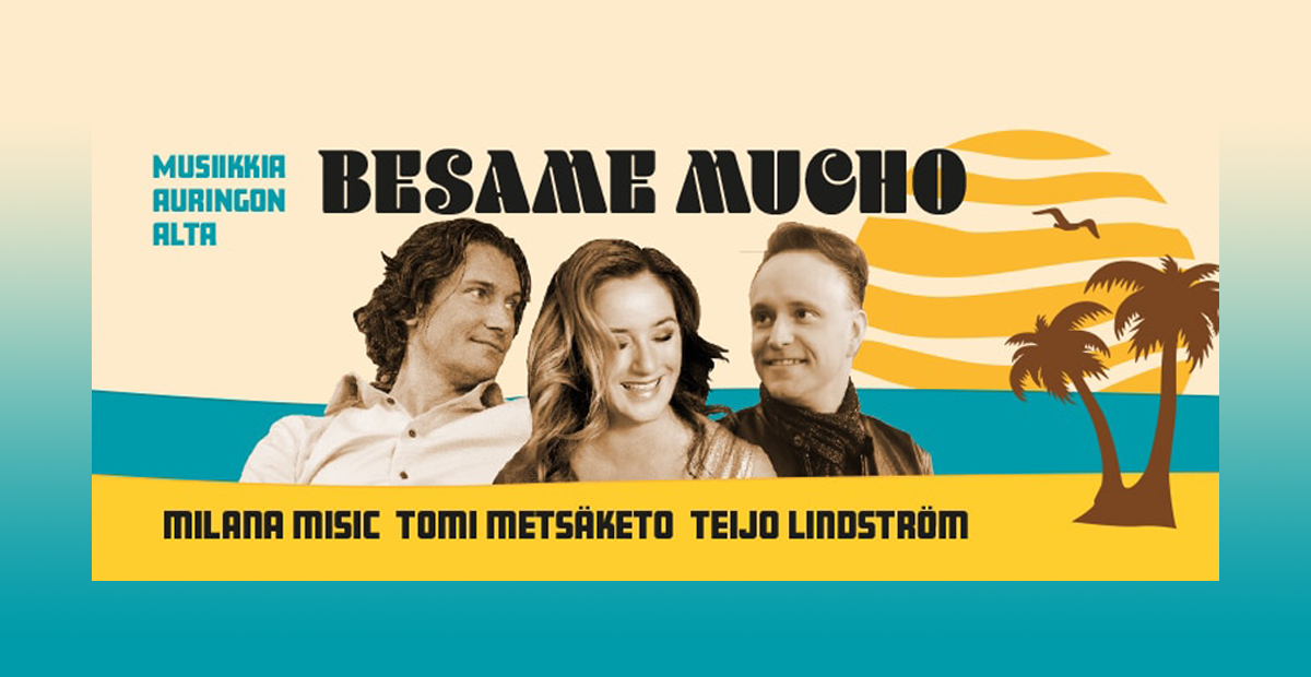 Konserttimainoksen kuva, solistit välimeren tunnelmissa, palmuja ja aurinkoa