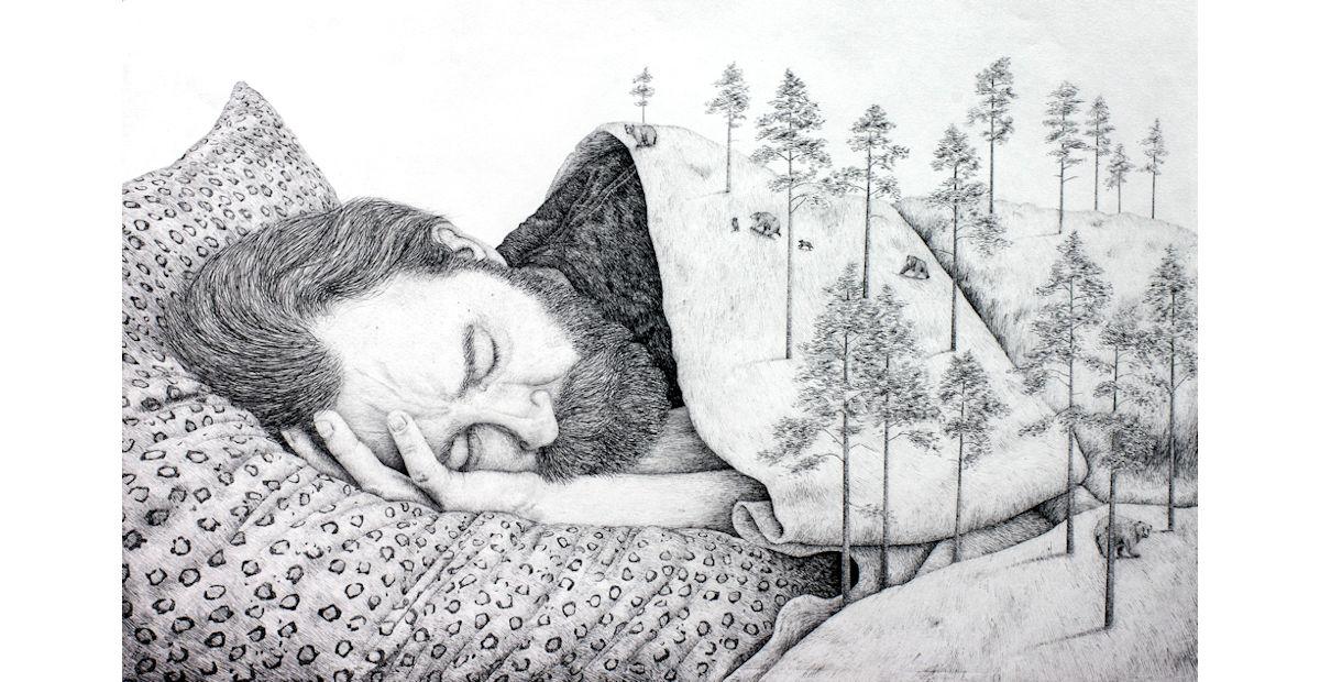 Mustavalkoinen piirroskuva nukkuvasta hahmosta. Hahmon päällä on peitto, jonka päällä kasvaa mäntyjä ja karhut kulkevat.