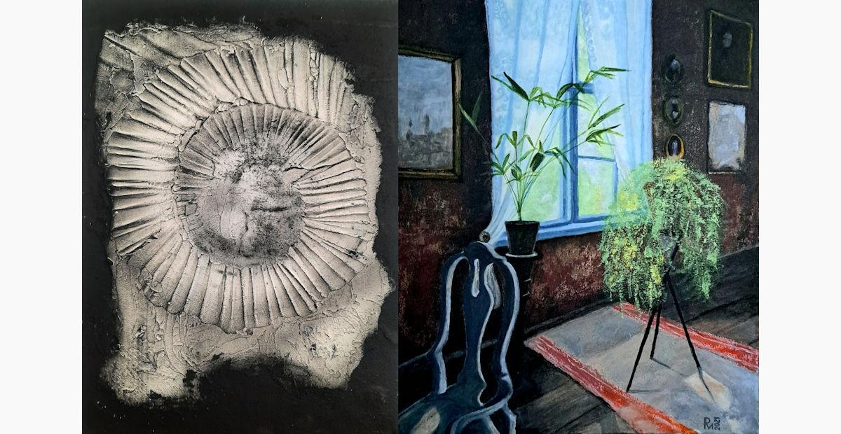 Mark Myhkyrä, Fossiili, 2022, sekatekniikka, Ralina Matikainen, Hortensia vanhan tuolin sylissä, 2022, akryyli