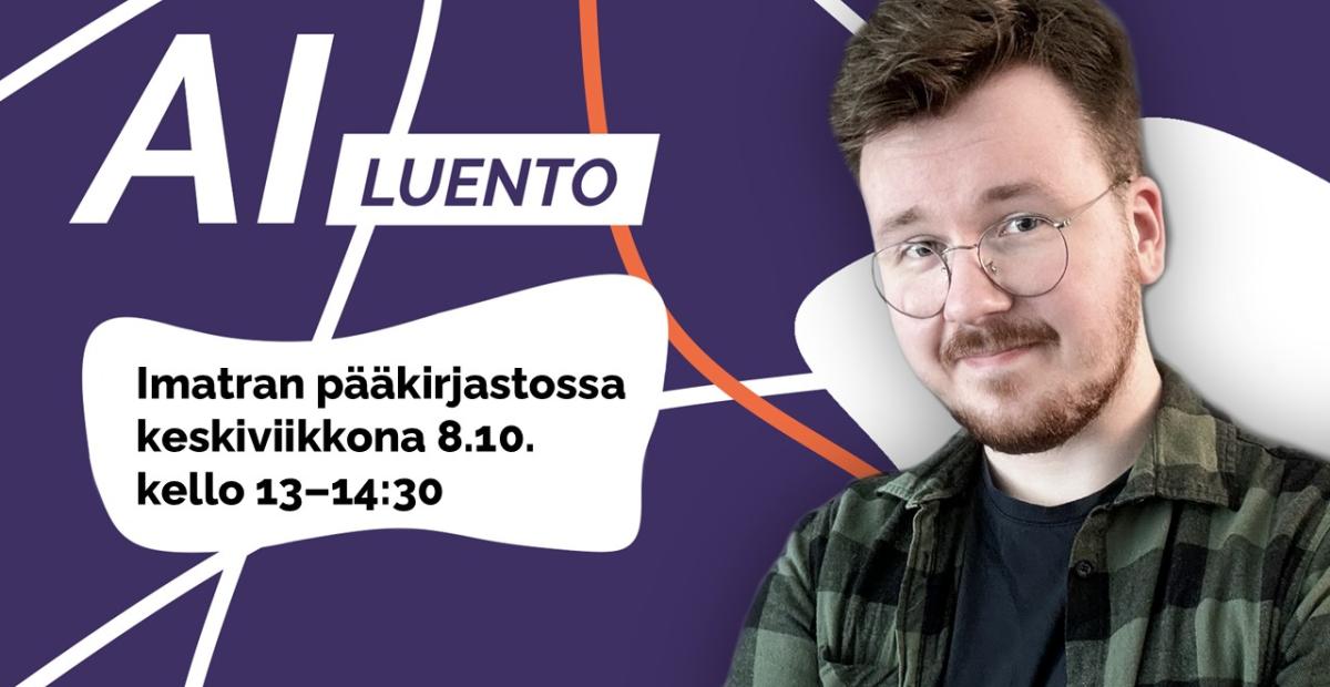 Kuvassa lukee AI-luento Imatran pääkirjastossa keskiviikkona 8.10.