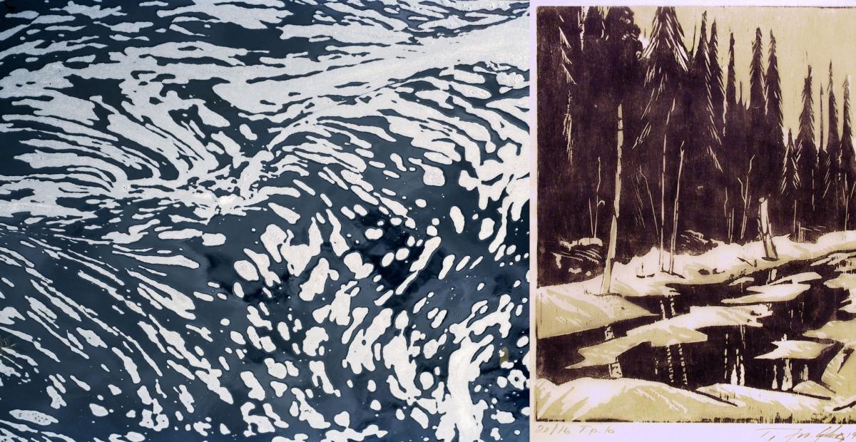 Päivi Eronen: Eksymäpuro, pigmenttivedos, (veden vaahtoa tummalla vedenpinnalla) 2018. Tauno Iso-Aho: Kevät tulee, puupiirros, 1961. (Keväinen, osin jo sula jokivarsimaisema vaalearunkoisine puineen) Kuvan taitto: Rauni Tanskanen.