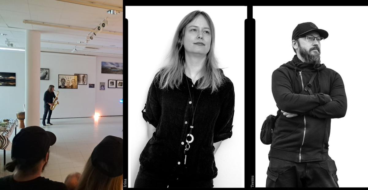 Vasemmalla näyttelytilassa Anja Mauranen, saksofoni. Oikealla yksityiskohta, 'Irina' & 'Teemu', Päivi Erosen teoksesta Kohtaamiani taiteilijoita: lama-ajan ja nousukauden taideopiskelijat, 2025. Kuvan taitto: Rauni Tanskanen.