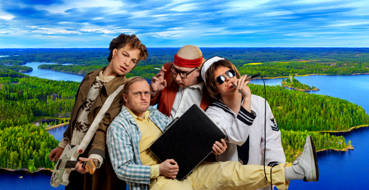 Järvi- ja metsämaisema taustalla ja edessä esiintyjiä