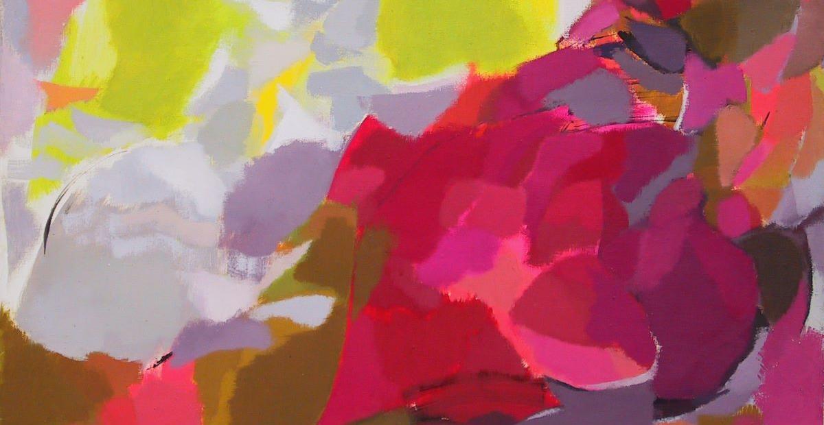 Aniliininpunainen oikea laita, keltaista, valkoista, harmaata ja violettia vasemmalla. Kaarevia kuvioita.