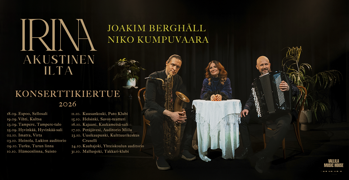 Irina ja muusikot tunnelmallisessa konserttimainoksessa